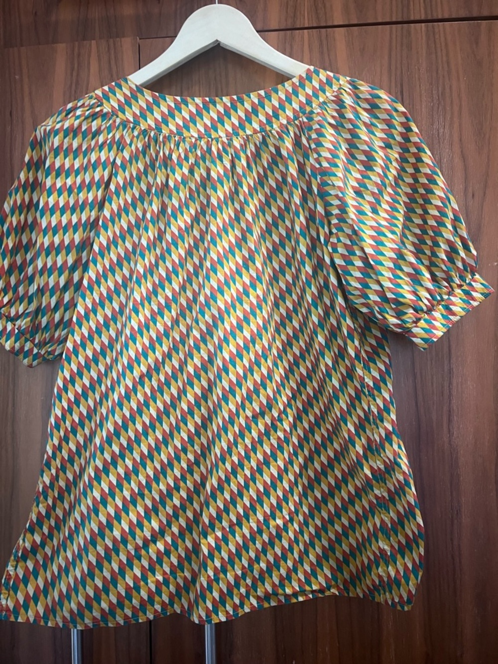 70’s Saint Laurent Multicolor Harlequin Print Button Front Blouse - Picture 2 of 4